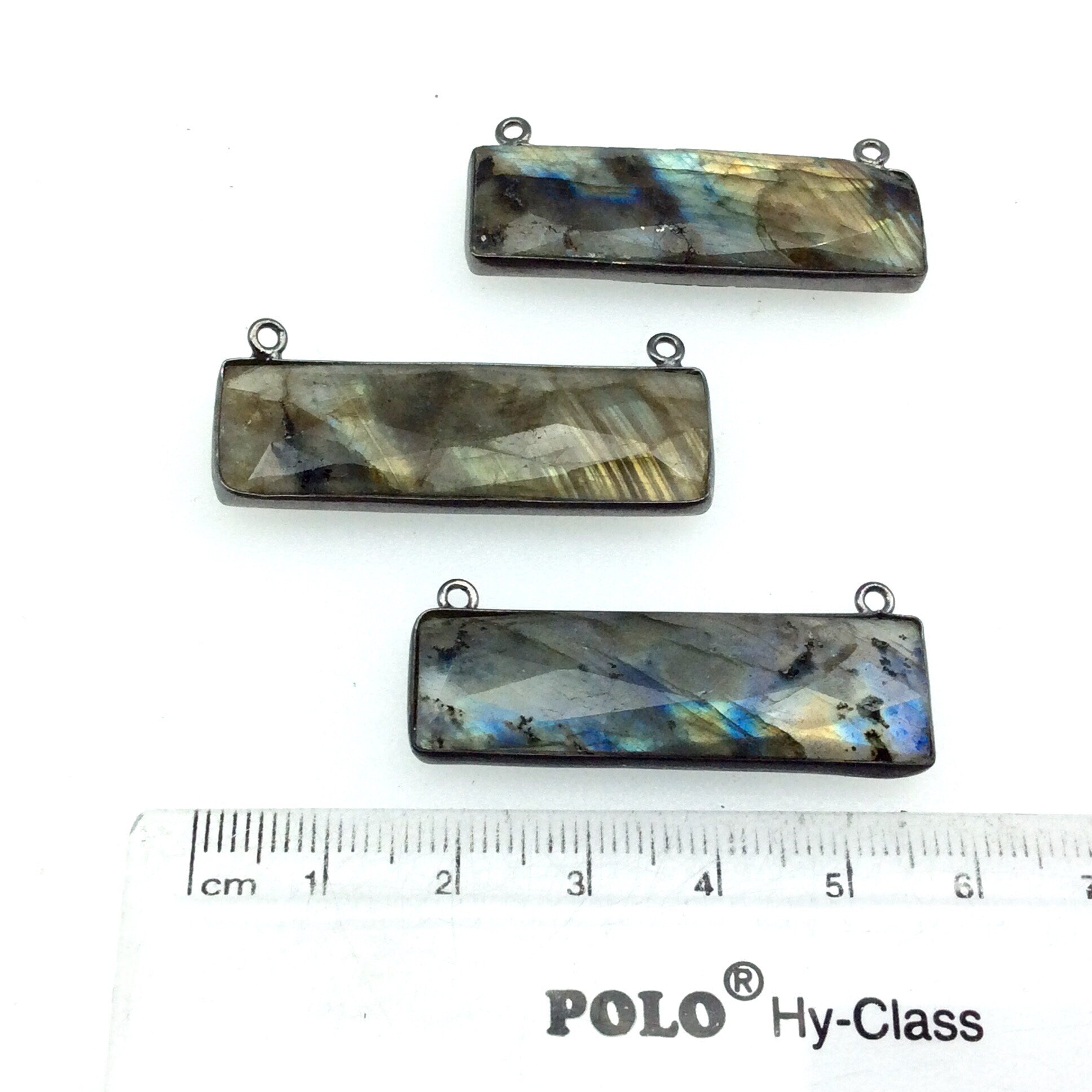 Labradorite Bezel | Rainbow Gunmetal Plated Faceted Natural Rectangle Bar Shaped Bezel Connector ~ 12mm x 40mm - Sold Individually