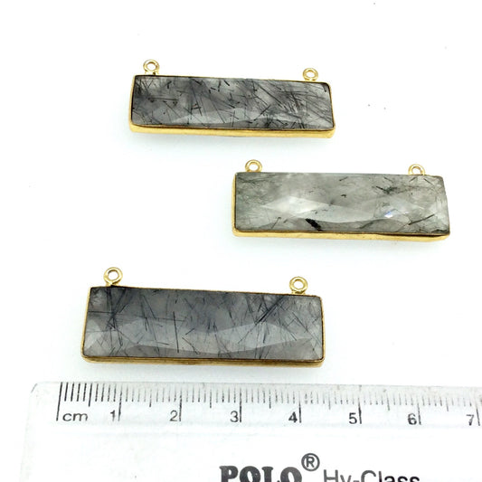Gold Plated Faceted Black Rutilated Quartz Rectangle/Bar Shaped Bezel Connector - ~ 12mm x 40mm - Sold Individually, Chosen Randomly