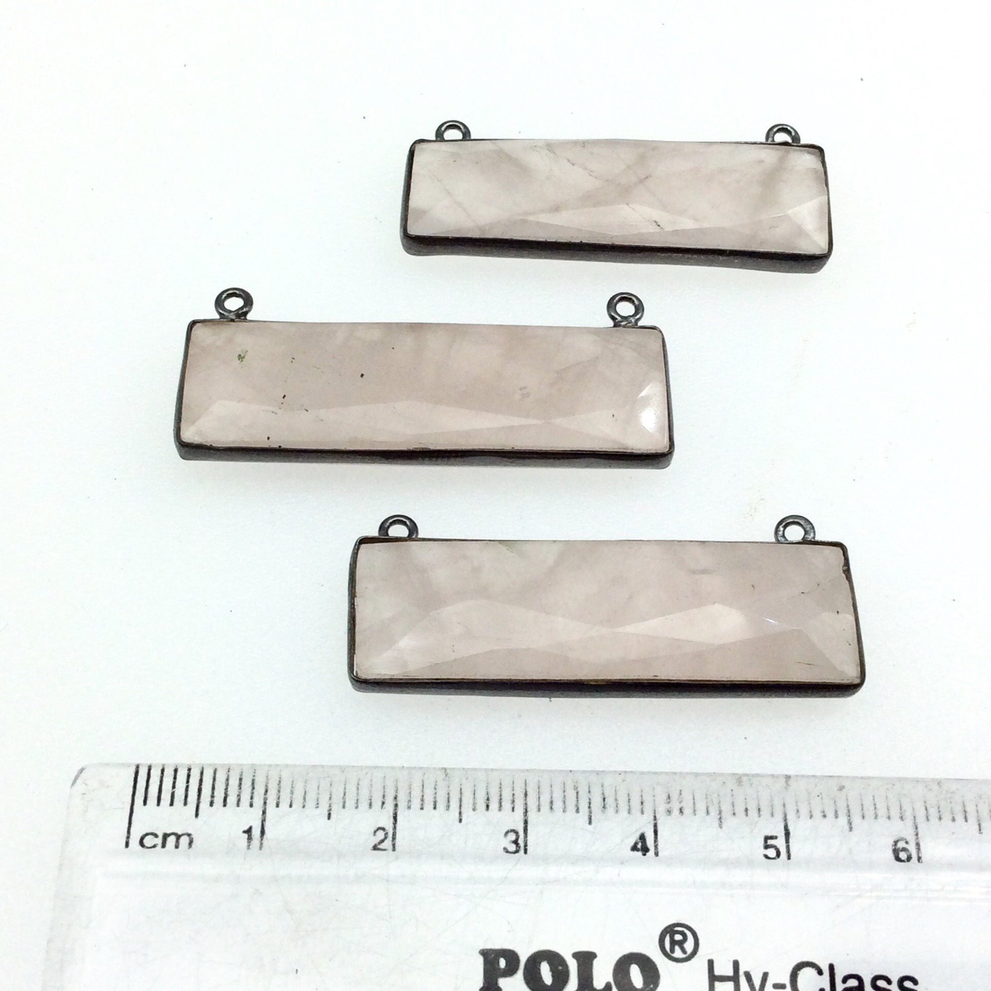 Gunmetal Plated Faceted Rose Quartz Rectangle/Bar Shaped Bezel Connector - ~ 12mm x 40mm - Sold Individually, Chosen Randomly
