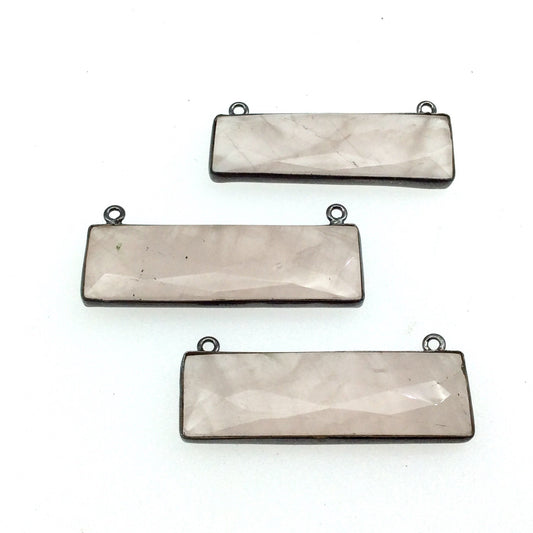 Gunmetal Plated Faceted Rose Quartz Rectangle/Bar Shaped Bezel Connector - ~ 12mm x 40mm - Sold Individually, Chosen Randomly