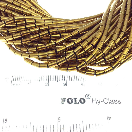 3mm x 5mm Smooth Natural Metallic Gold Coated Hematite Tube Shape Beads - Sold by 16" Strands (~ 80 Beads) - Semi-Precious Gemstone