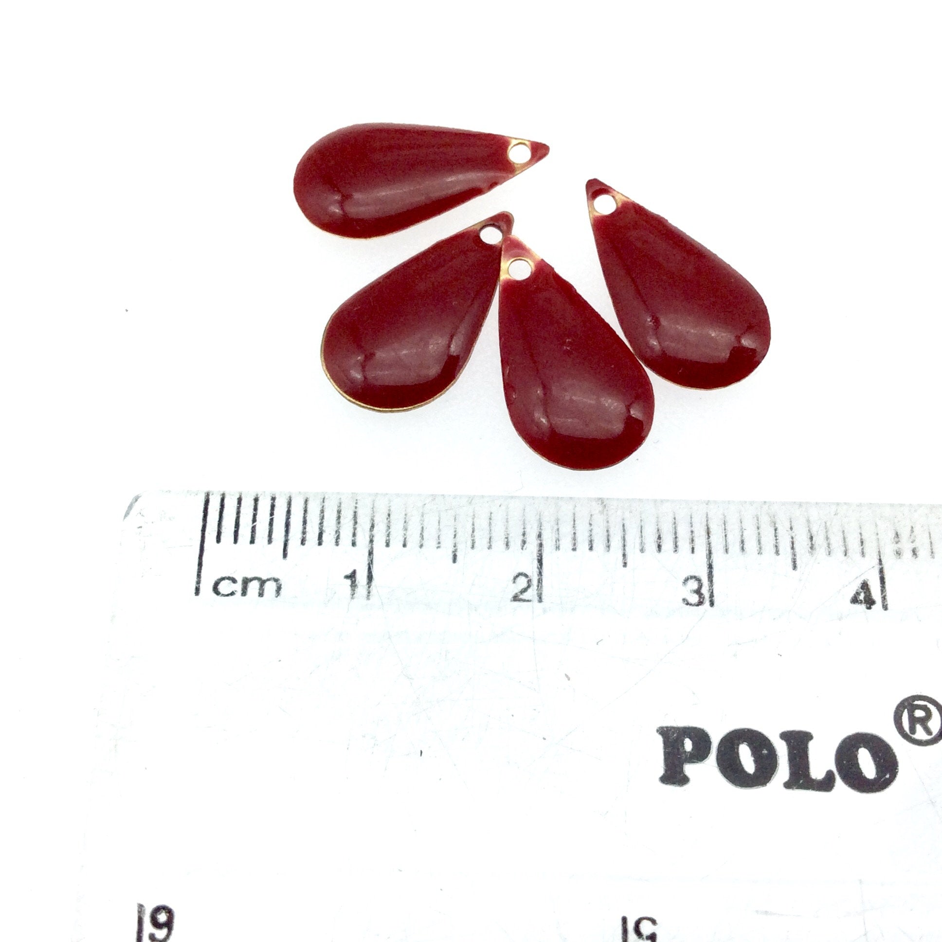 9mm x 15mm Two-Sided Warm Red Enamel Brass Handmade Teardrop Pendant/Charm With Top Drilled Hole - Sold In Packs of Four Pieces