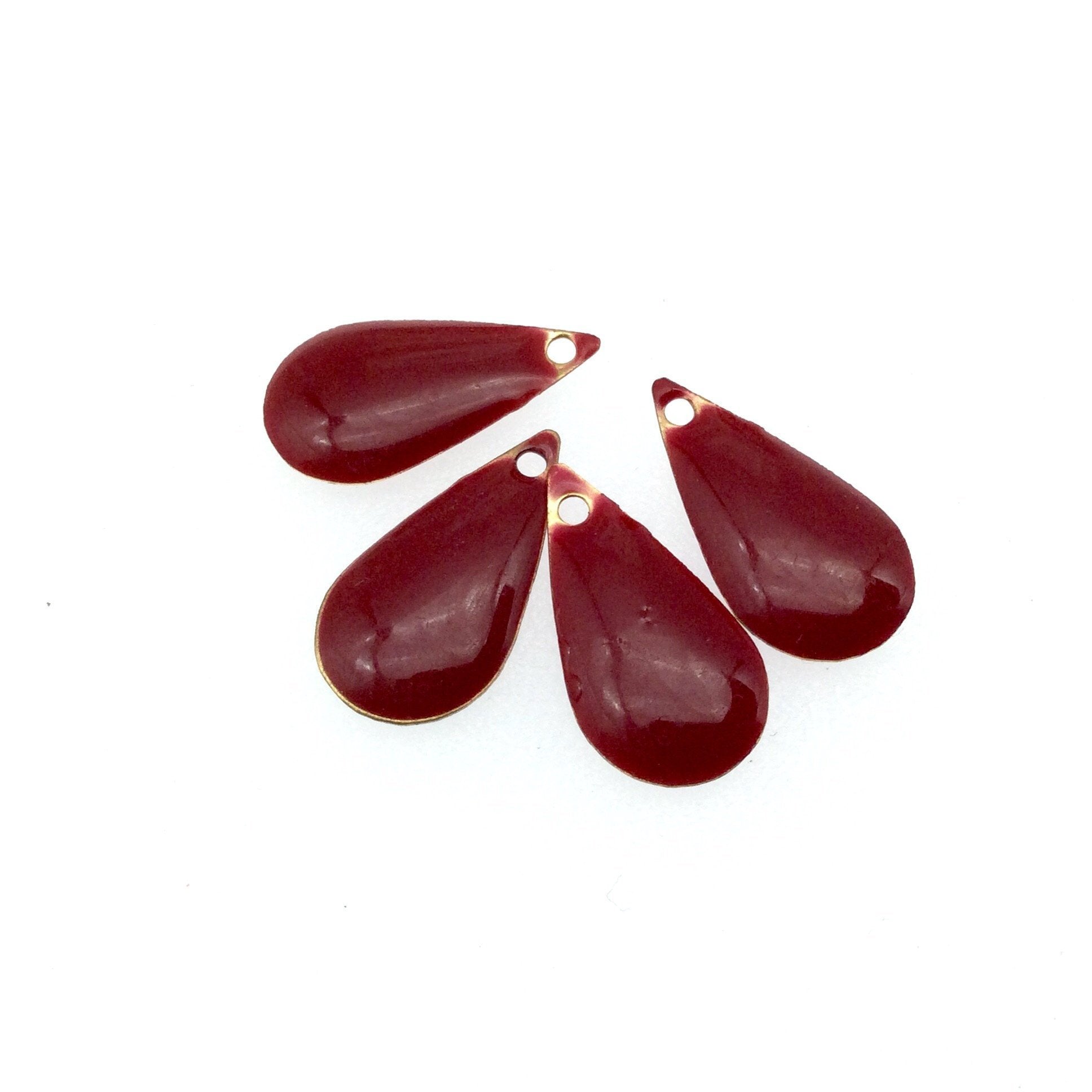 9mm x 15mm Two-Sided Warm Red Enamel Brass Handmade Teardrop Pendant/Charm With Top Drilled Hole - Sold In Packs of Four Pieces