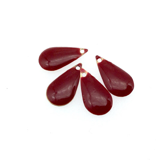 9mm x 15mm Two-Sided Warm Red Enamel Brass Handmade Teardrop Pendant/Charm With Top Drilled Hole - Sold In Packs of Four Pieces