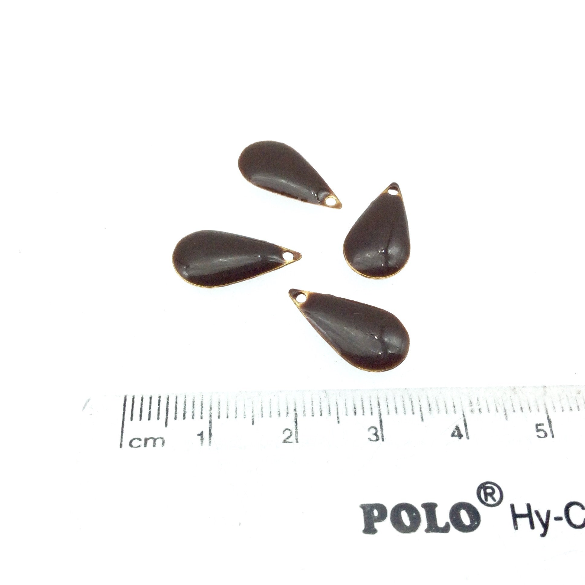 9mm x 15mm Two-Sided Chocolate Brown Enamel Brass Handmade Teardrop Pendant/Charm With Top Drilled Hole - Sold In Packs of Four Pieces