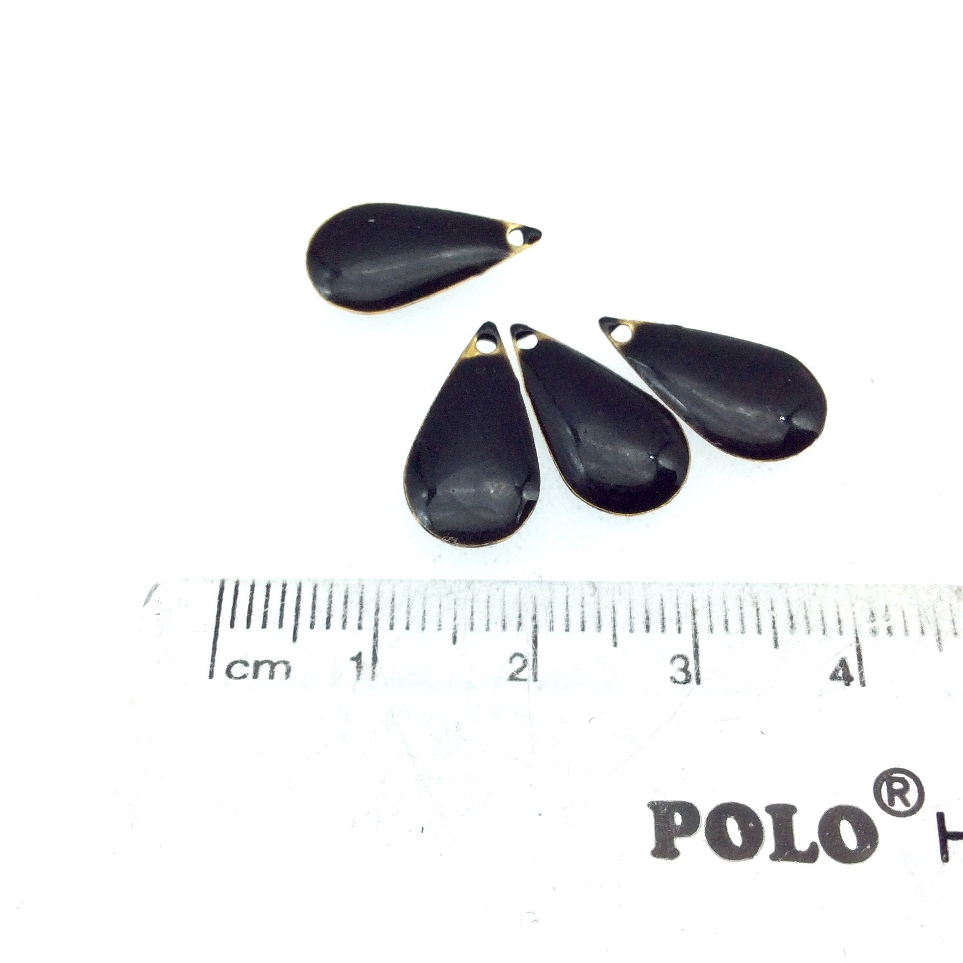 9mm x 15mm Two-Sided Jet Black Enamel Brass Handmade Teardrop Pendant/Charm With Top Drilled Hole - Sold In Packs of Four Pieces