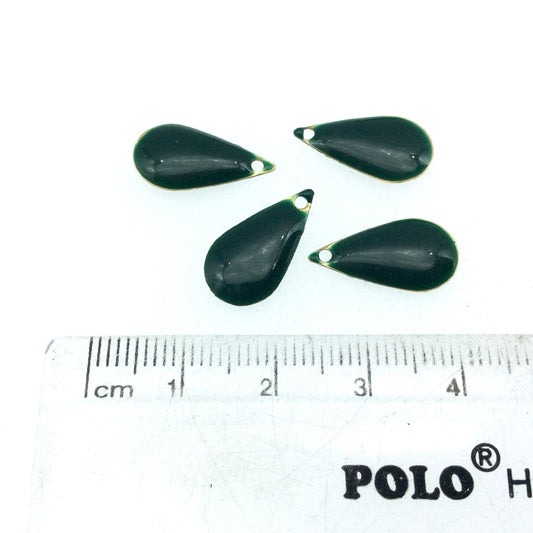 9mm x 15mm Two-Sided Forest Green Enamel Brass Handmade Teardrop Pendant/Charm With Top Drilled Hole - Sold In Packs of Four Pieces