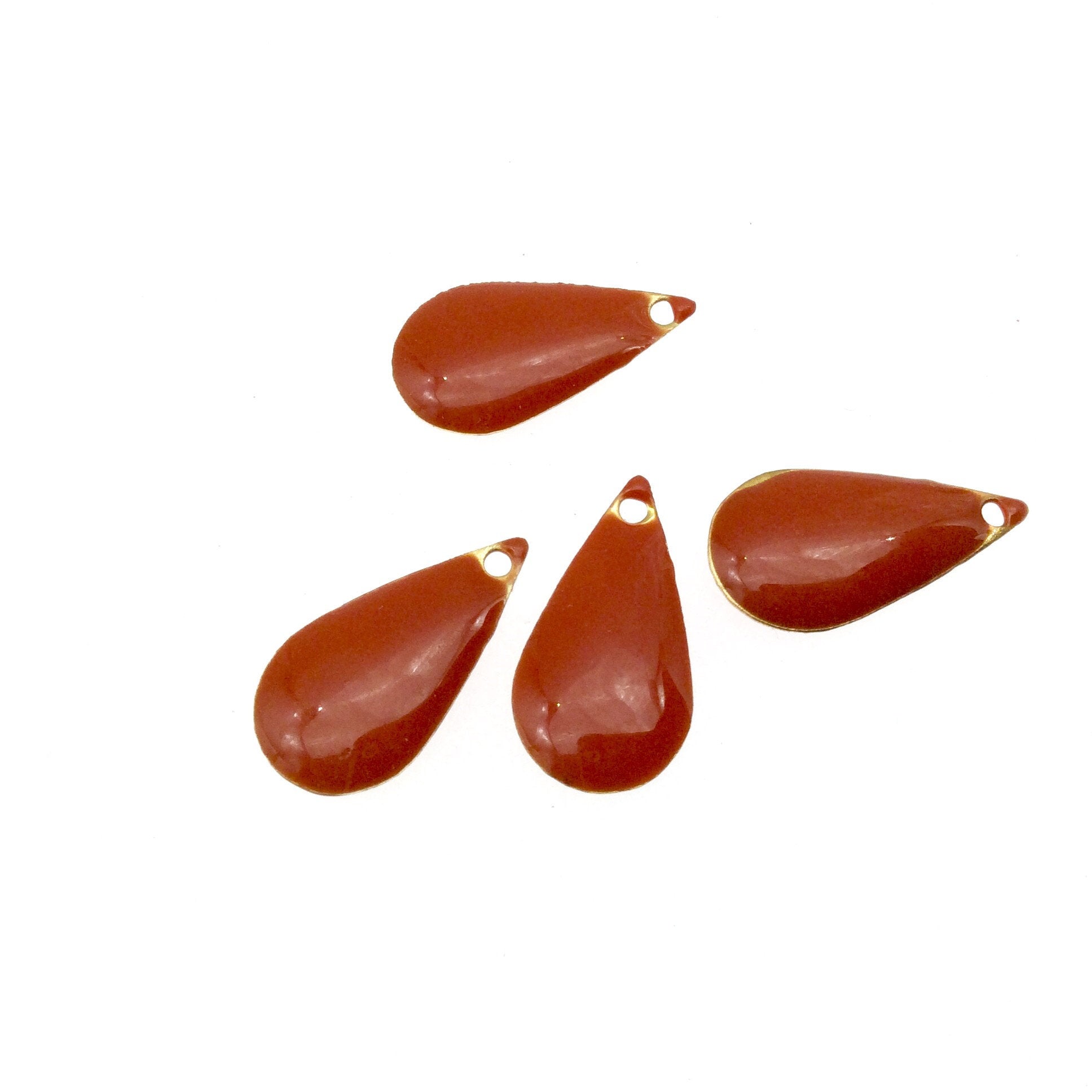 9mm x 15mm Two-Sided Orange Red Enamel Brass Handmade Teardrop Pendant/Charm With Top Drilled Hole - Sold In Packs of Four Pieces