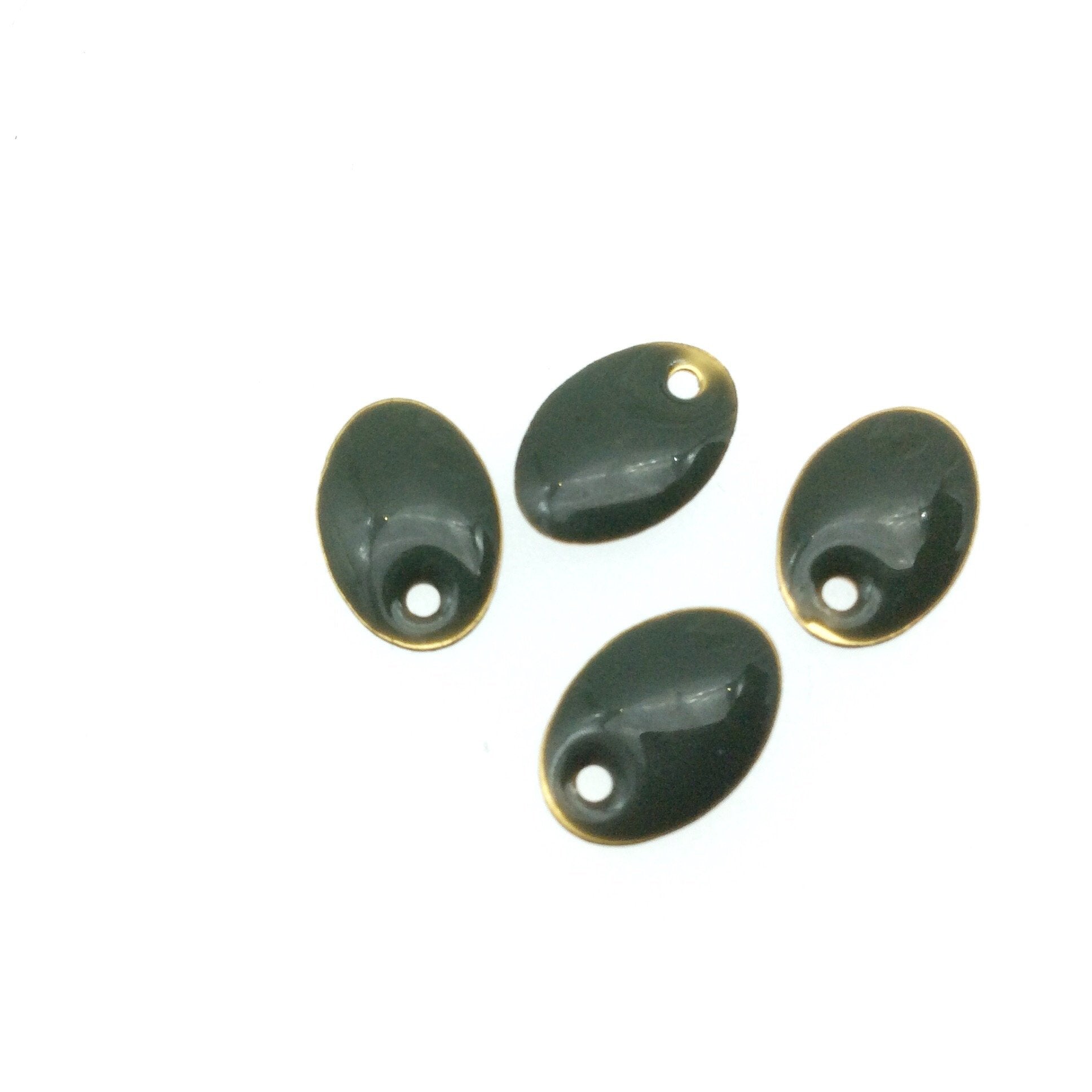 8mm x 12mm Two-Sided Deep Sage Enamel Brass Handmade Oval Pendant/Charm With Top Drilled Hole - Sold In Packs of Four Pieces