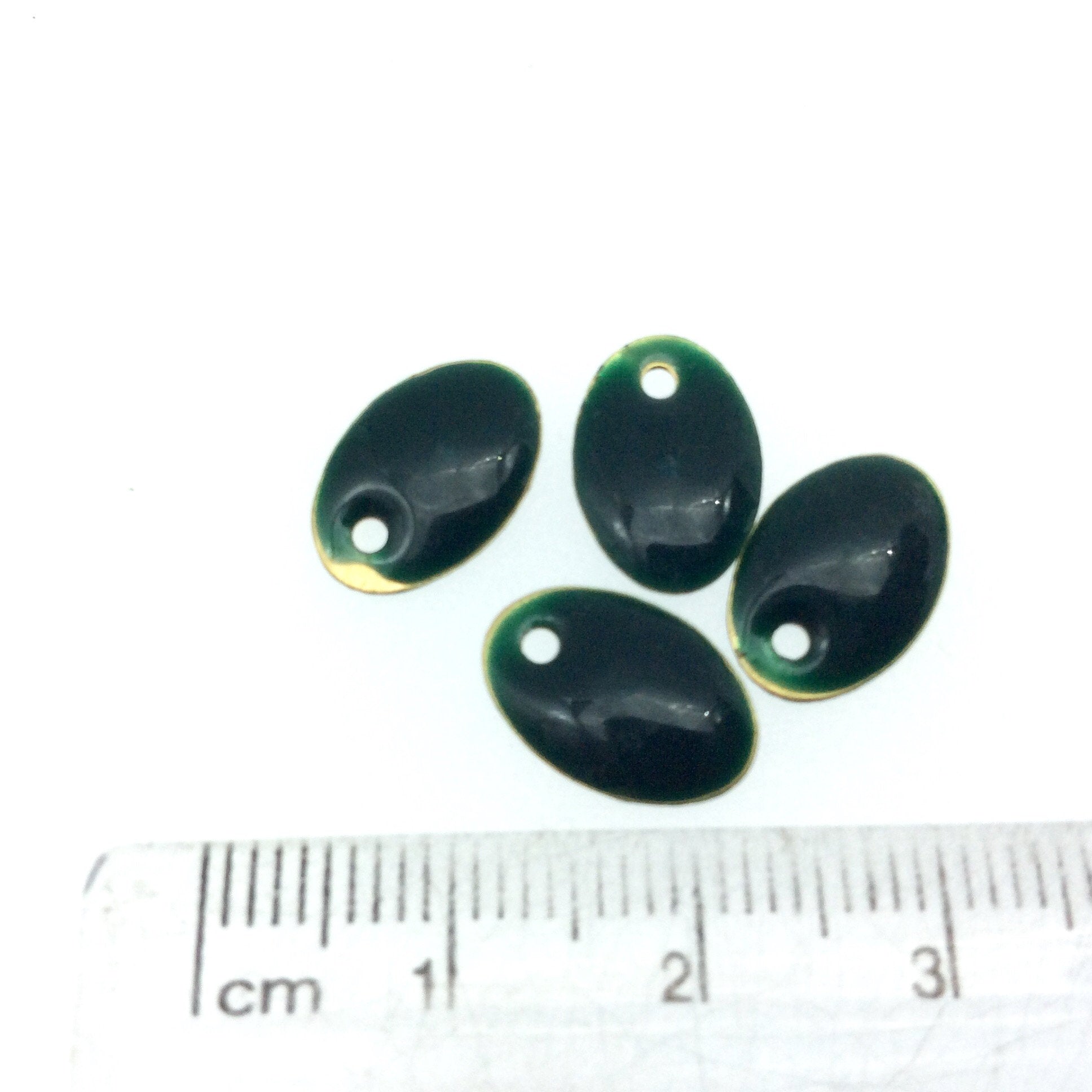 8mm x 12mm Two-Sided Forest Green Enamel Brass Handmade Oval Pendant/Charm With Top Drilled Hole - Sold In Packs of Four Pieces