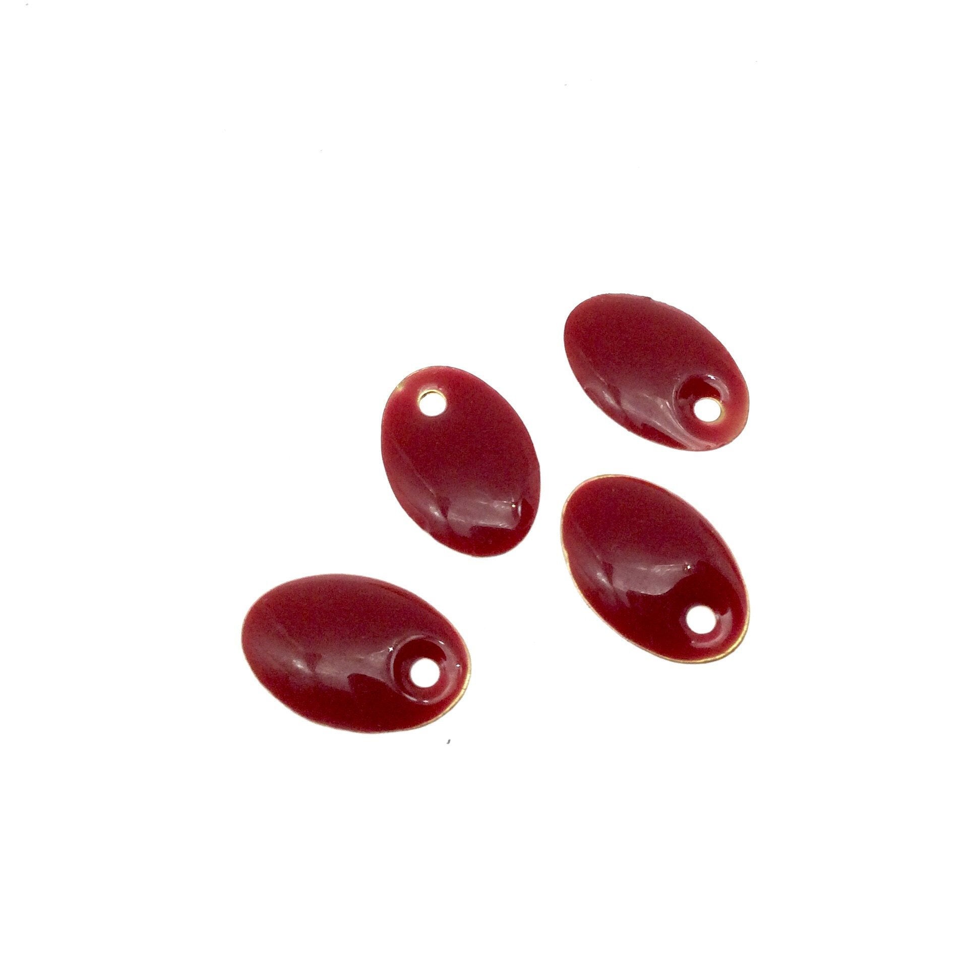 8mm x 12mm Two-Sided Warm Red Enamel Brass Handmade Oval Pendant/Charm With Top Drilled Hole - Sold In Packs of Four Pieces