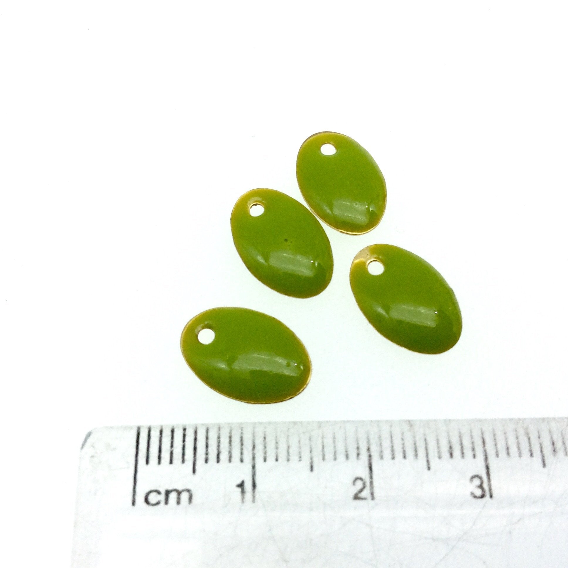 8mm x 12mm Two-Sided Lime Green Enamel Brass Handmade Oval Pendant/Charm With Top Drilled Hole - Sold In Packs of Four Pieces