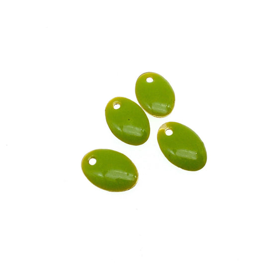 8mm x 12mm Two-Sided Lime Green Enamel Brass Handmade Oval Pendant/Charm With Top Drilled Hole - Sold In Packs of Four Pieces