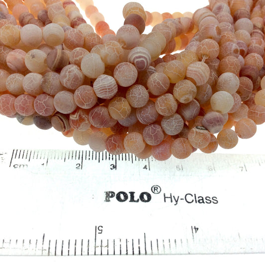 6mm Natural Matte Light Pinkish Orange Crackle/Veined Agate Round/Ball Shape Beads W 1mm Holes 14.5" Strand (App. 65 Beads) Quality Gemstone