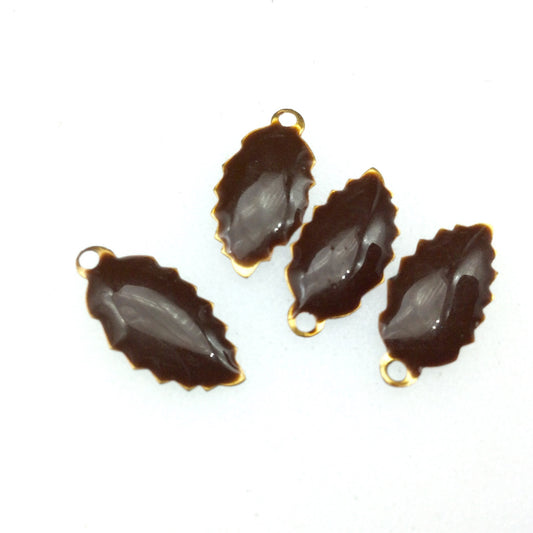 8mm x 15mm Two-Sided Chocolate Brown Beadlanta Enamel Brass Handmade Serrated Leaf Pendant/Charm W Top Hole - Sold In Packs of Four Pieces