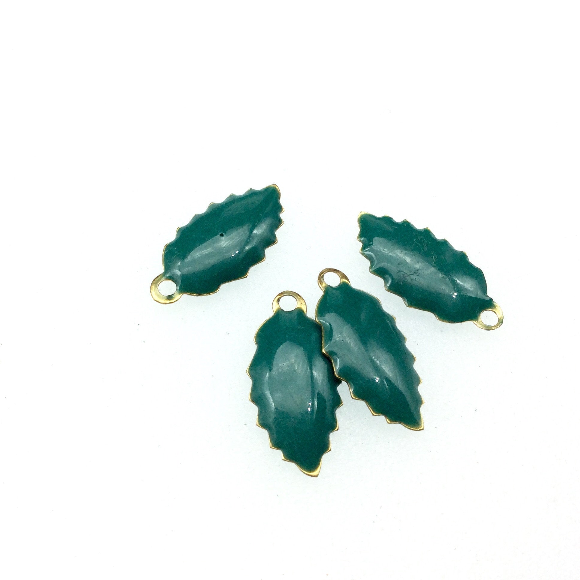 8mm x 15mm Two-Sided Deep Teal Beadlanta Enamel Brass Handmade Serrated Leaf Pendant/Charm With Top Hole - Sold In Packs of Four Pieces