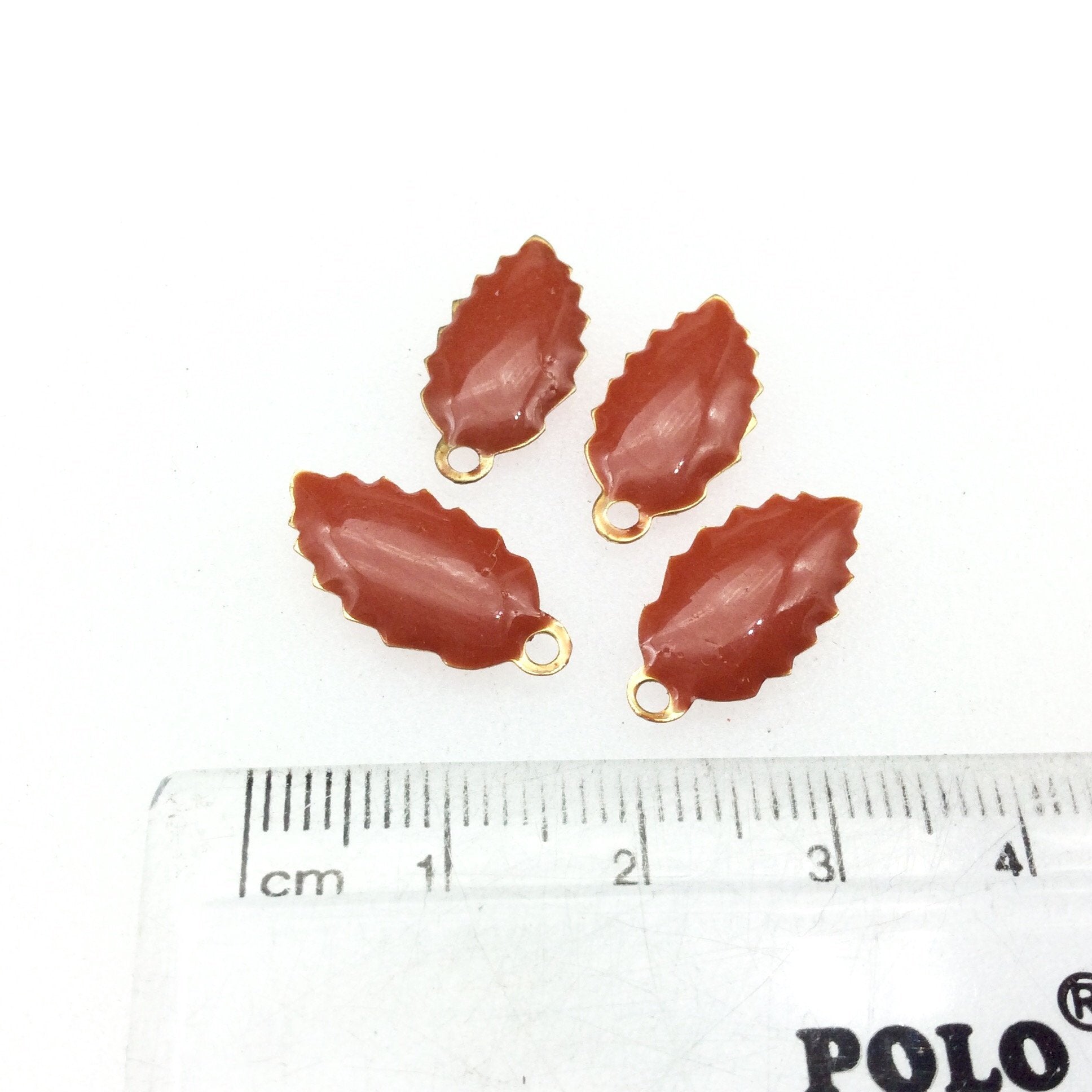 8mm x 15mm Two-Sided Orange Red Beadlanta Enamel Brass Handmade Serrated Leaf Pendant/Charm With Top Hole - Sold In Packs of Four Pieces