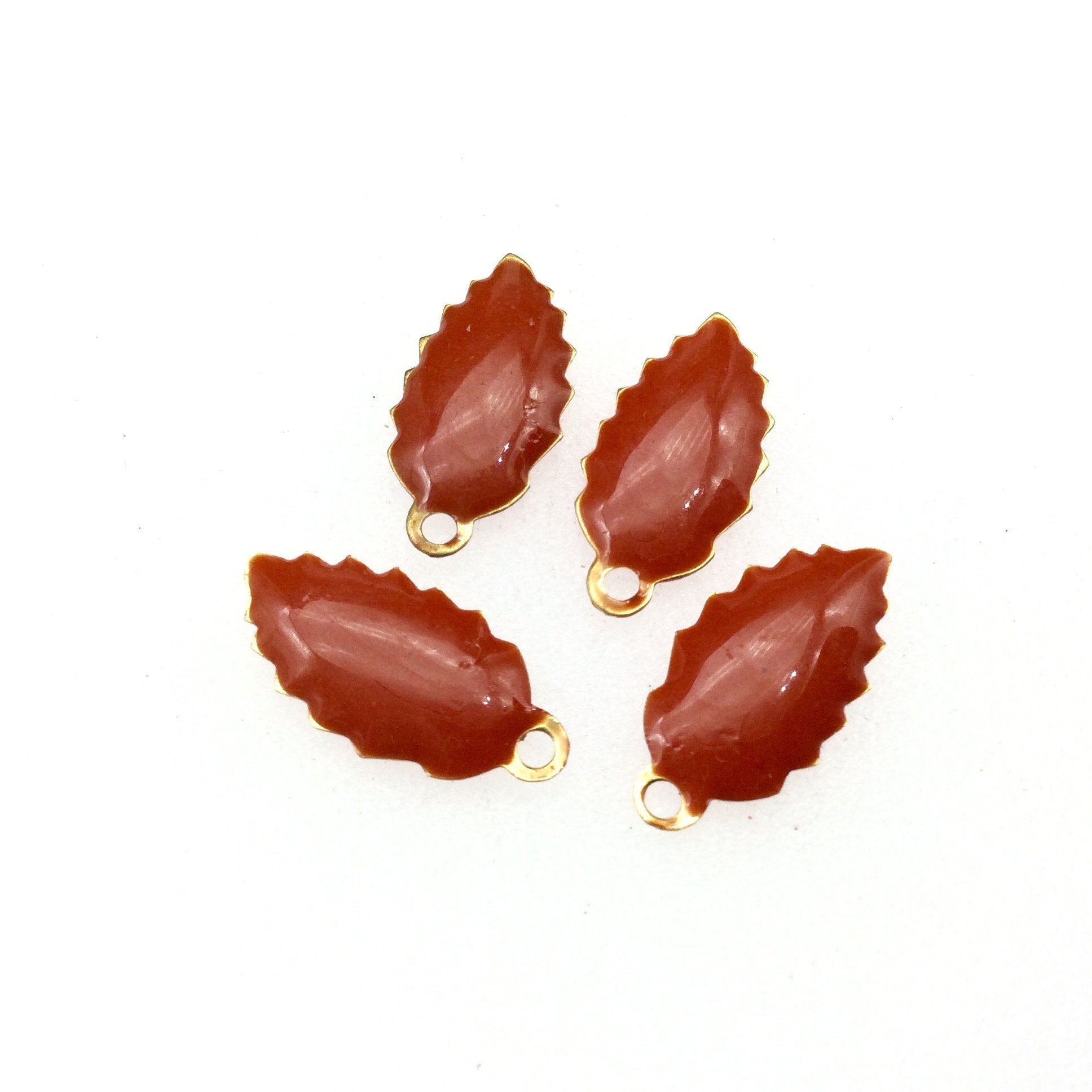 8mm x 15mm Two-Sided Orange Red Beadlanta Enamel Brass Handmade Serrated Leaf Pendant/Charm With Top Hole - Sold In Packs of Four Pieces