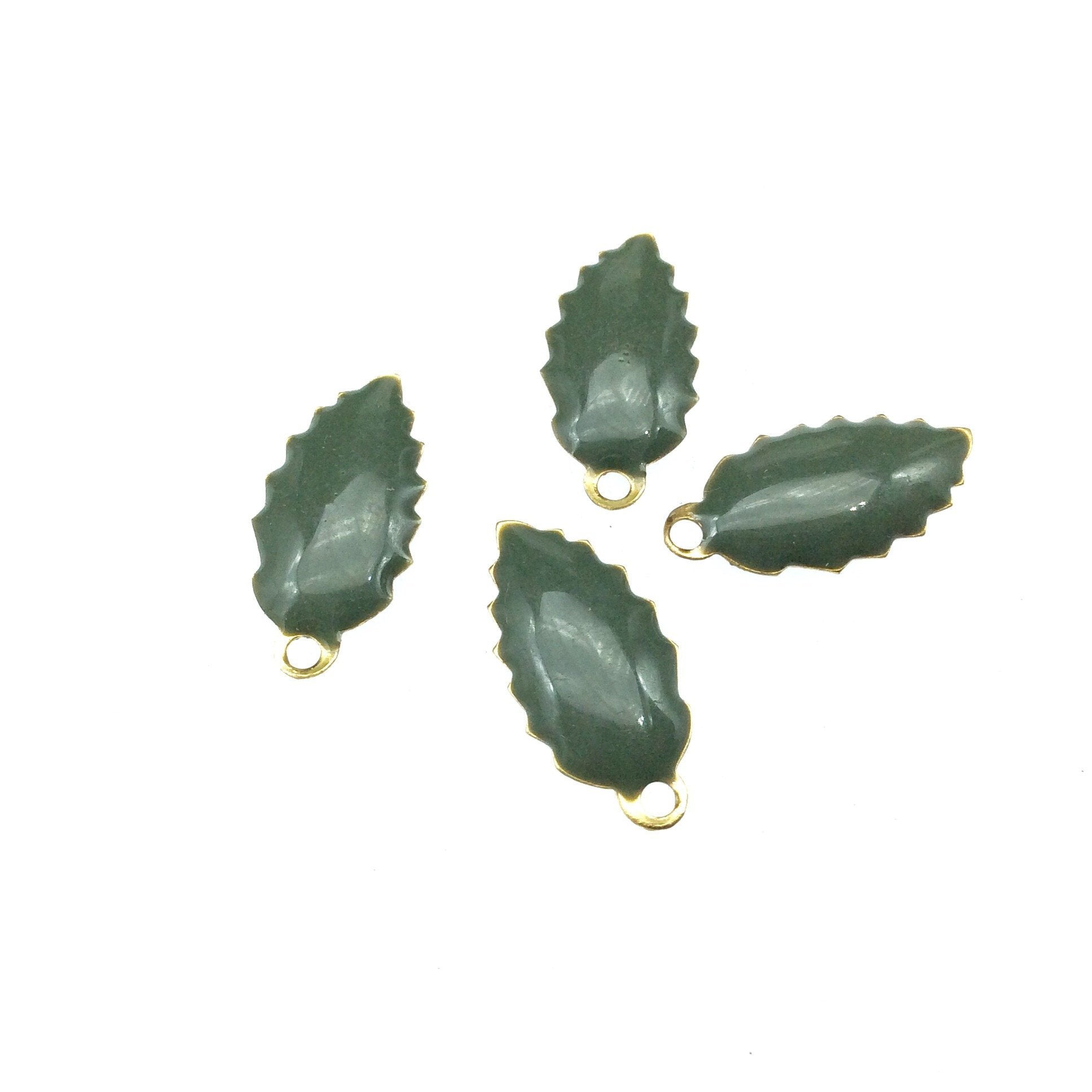 8mm x 15mm Two-Sided Deep Sage Beadlanta Enamel Brass Handmade Serrated Leaf Pendant/Charm W Top Hole - Sold In Packs of Four Pieces