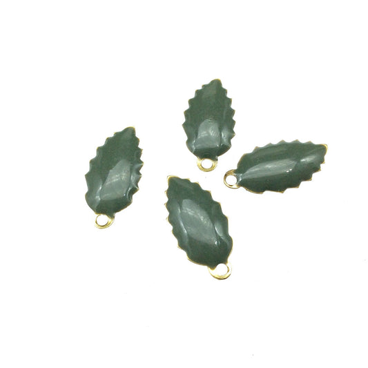 8mm x 15mm Two-Sided Deep Sage Beadlanta Enamel Brass Handmade Serrated Leaf Pendant/Charm W Top Hole - Sold In Packs of Four Pieces