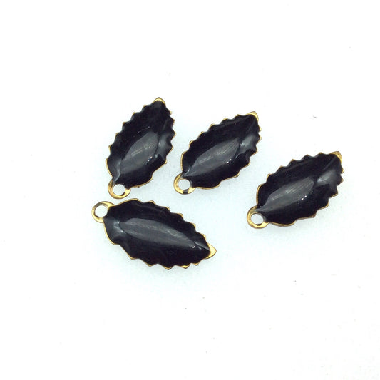 8mm x 15mm Two-Sided Jet Black Beadlanta Enamel Brass Handmade Serrated Leaf Pendant/Charm W Top Hole - Sold In Packs of Four Pieces