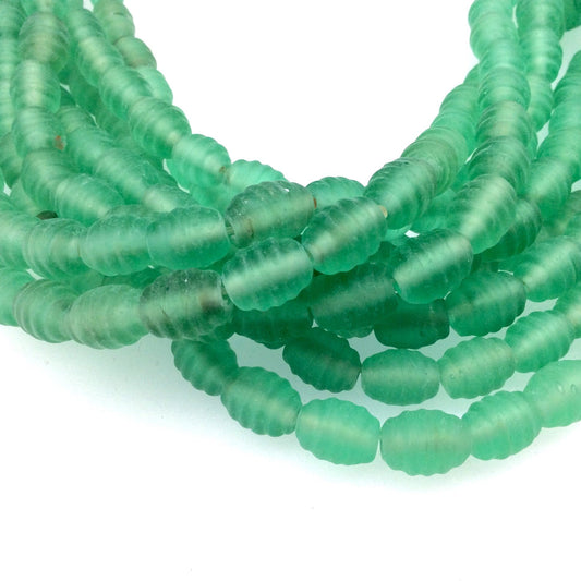 14mm x 16mm Matte Green Textured Barrel (Beehive) Shaped Indian Beach/Sea Beadlanta Glass Beads - Sold by 15" Strands - Approx 36 Beads
