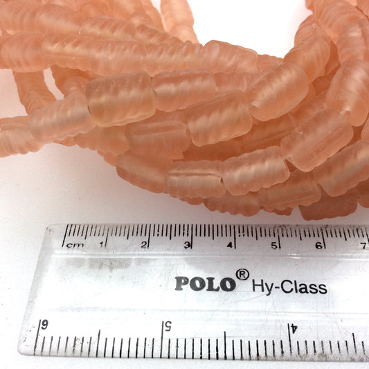 18mm x 22mm Matte Peach/Pink Spiral Textured Barrel Shaped Indian Beach/Sea Beadlanta Glass Beads - Sold by 15" Strands - Approx 32 Beads