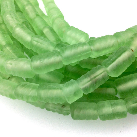 18mm x 22mm Matte Celery Green Spiral Textured Barrel Shaped Indian Beach/Sea Beadlanta Glass Beads - Sold by 15" Strands - Approx 32 Beads