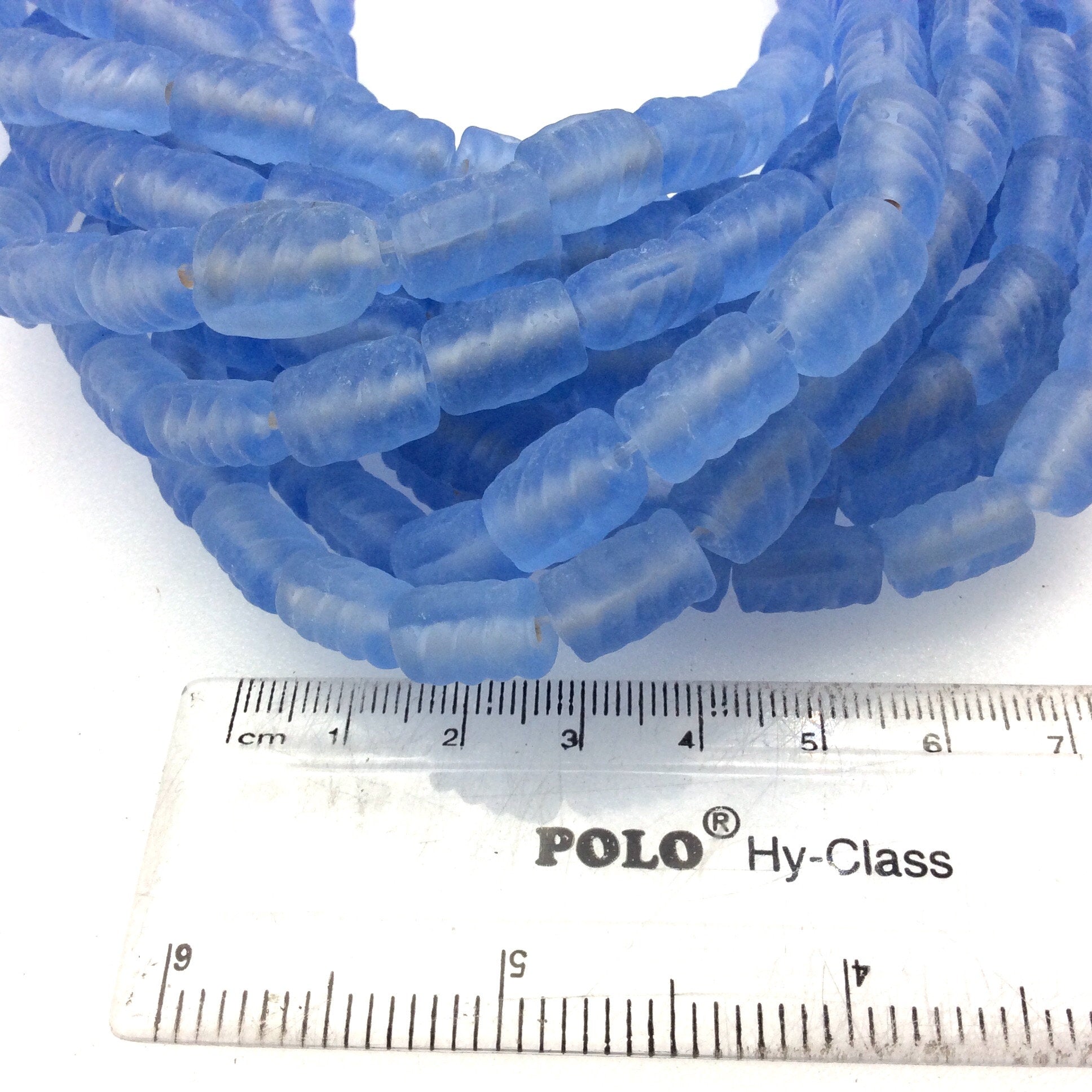 18mm x 22mm Matte Sky Blue Spiral Textured Barrel Shaped Indian Beach/Sea Beadlanta Glass Beads - Sold by 15" Strands - Approx 32 Beads