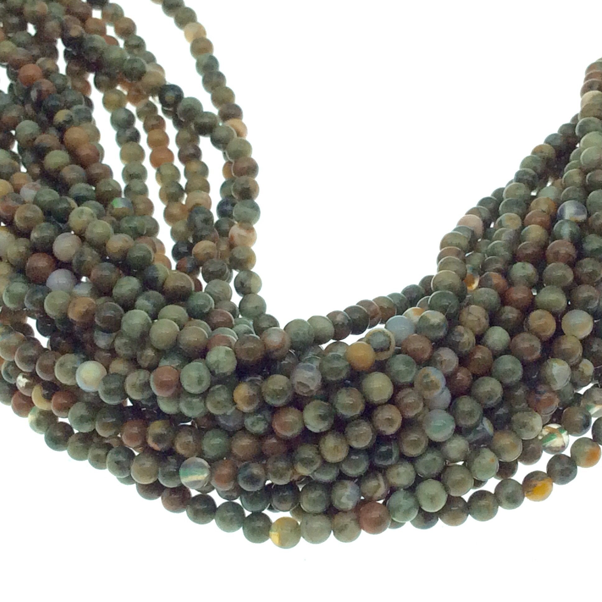 2mm Smooth Glossy Finish Natural Green/Cream/Brown Rainforest Jasper Round/Ball Shape Beads W .4mm Holes -  15.25" Strand (~ 182 Beads)