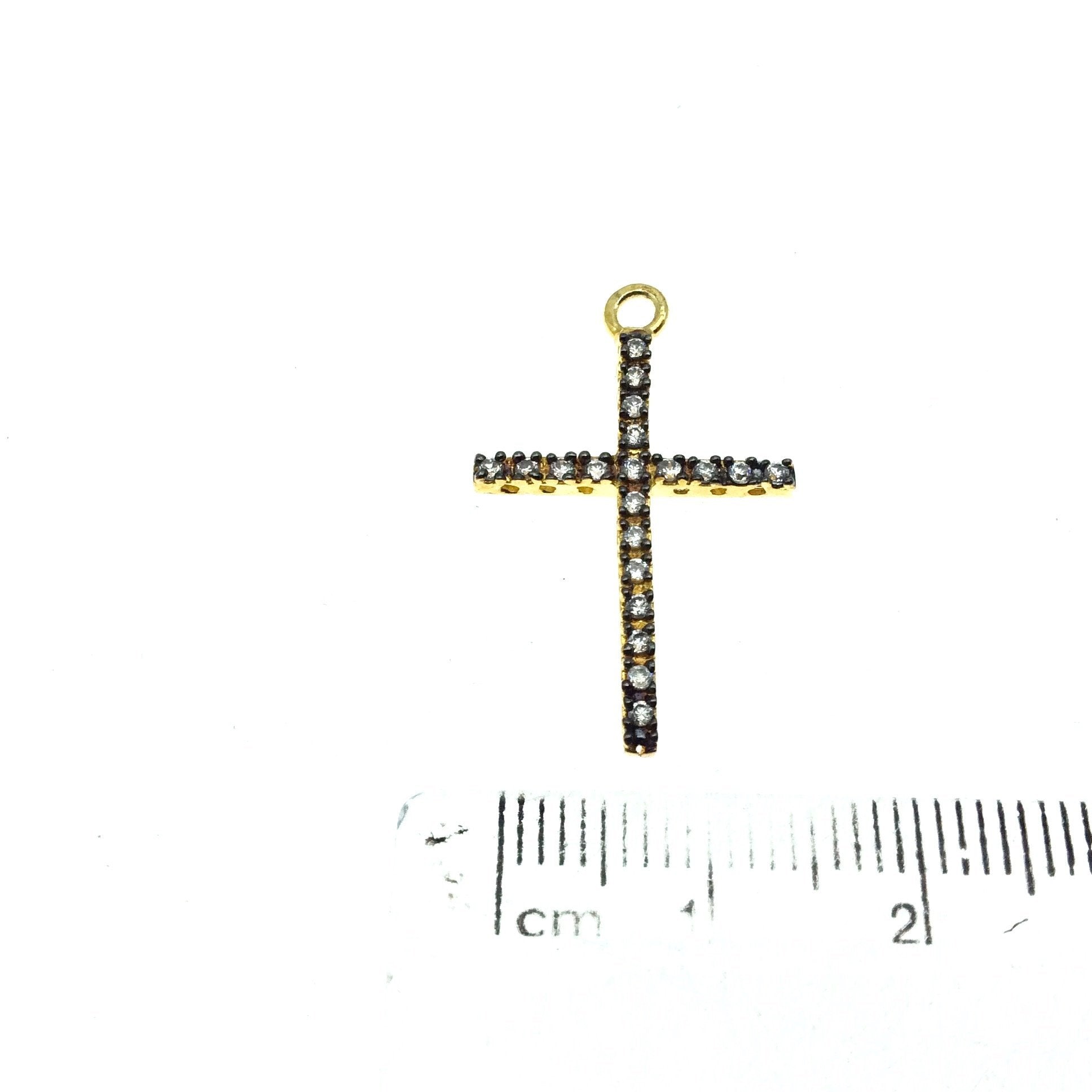 Medium Oxidized Gold Plated CZ Cubic Zirconia Inlaid Christian Cross Shaped Copper Focal Pendant - Measuring 17mm x 29mm, Approximately