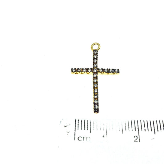 Medium Oxidized Gold Plated CZ Cubic Zirconia Inlaid Christian Cross Shaped Copper Focal Pendant - Measuring 17mm x 29mm, Approximately