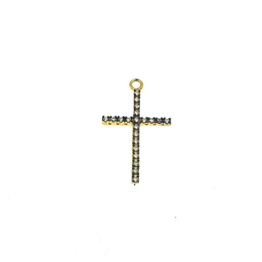 Medium Oxidized Gold Plated CZ Cubic Zirconia Inlaid Christian Cross Shaped Copper Focal Pendant - Measuring 17mm x 29mm, Approximately