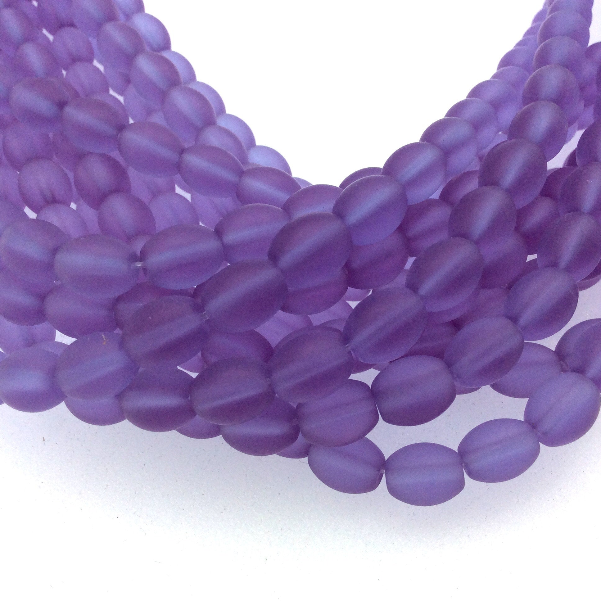 8mm x 10mm Matte Semi Trans. Lavender Purple Oval Shaped Indian Beach/Sea Beadlanta Glass Beads - Sold by 15" Strand - ~38 Beads per Strand