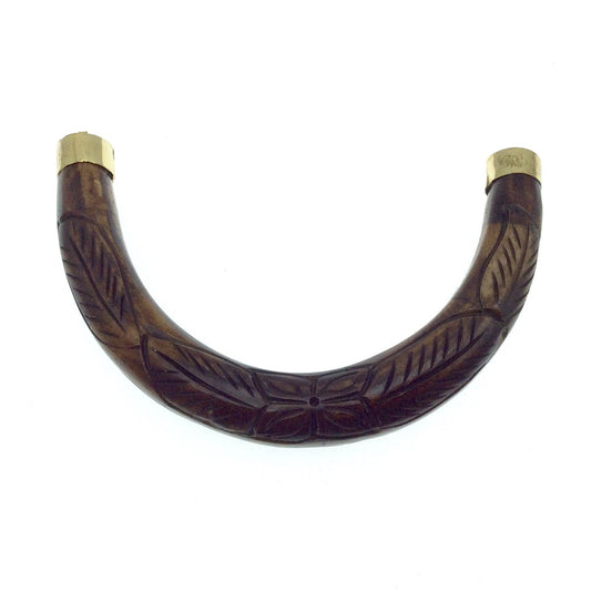 Hand Carved Brown Double Ended U-Shaped Crescent with Flower and Leaves Design - Natural Ox Bone Focal Pendant - 130mm x 85mm
