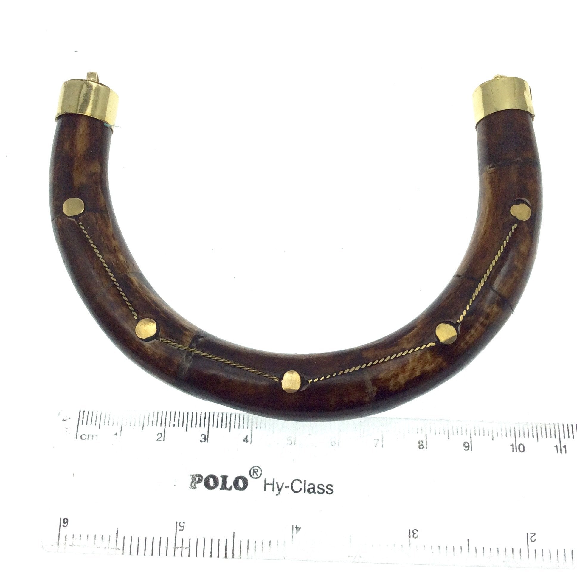 4.75" Extra Large Brown With Gold Rope and Circle Inlays Double Ended U-Shaped Crescent Natural Ox Bone Focal Pendant - 130mm x 85mm