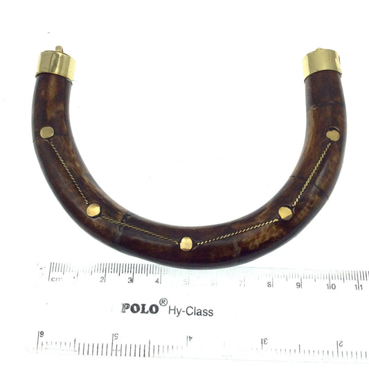 4.75" Extra Large Brown With Gold Rope and Circle Inlays Double Ended U-Shaped Crescent Natural Ox Bone Focal Pendant - 130mm x 85mm