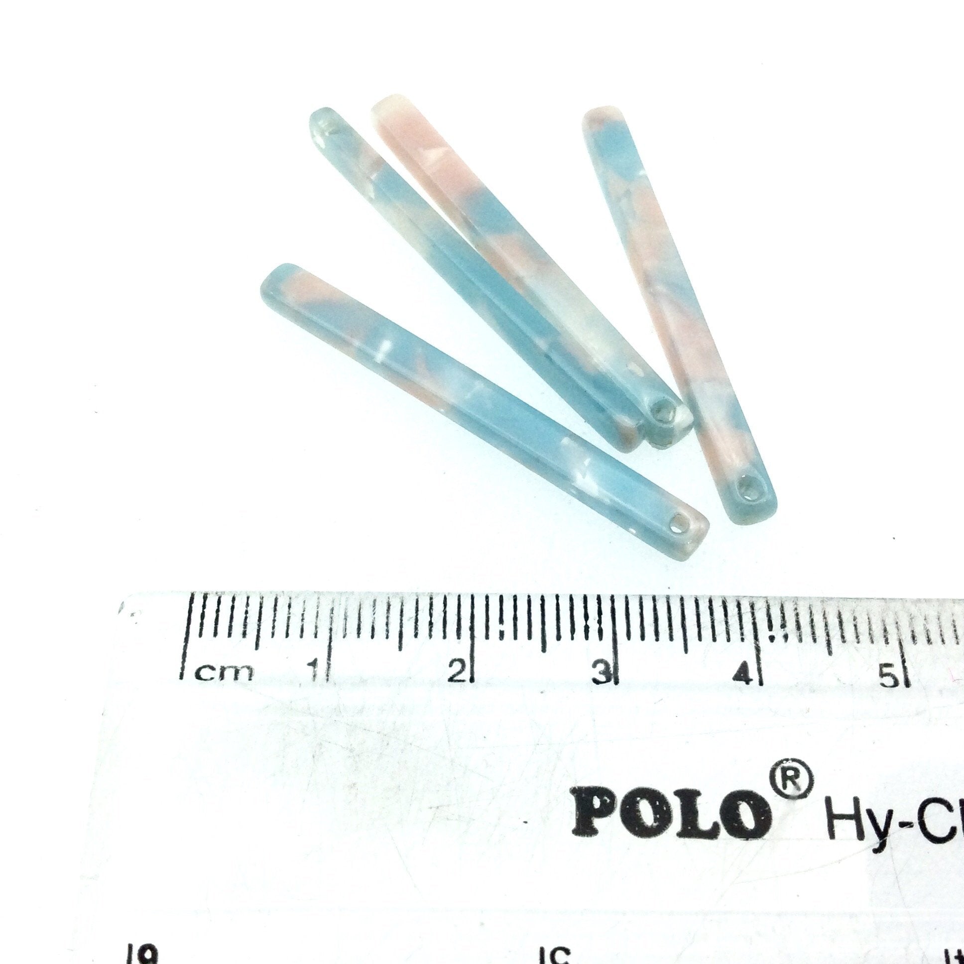 4mm x 40mm Opaque Mixed Sky Blue/White Skinny Stick Shaped Resin Pendant with One Hole- Sold in Pack of Four