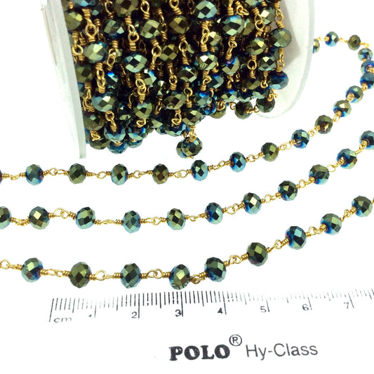 Gold Plated Copper Rosary Chain with 6mm Faceted Opaque AB Metallic Pine Green Glass Crystal Beads - Sold by the Foot! - Beaded Chain