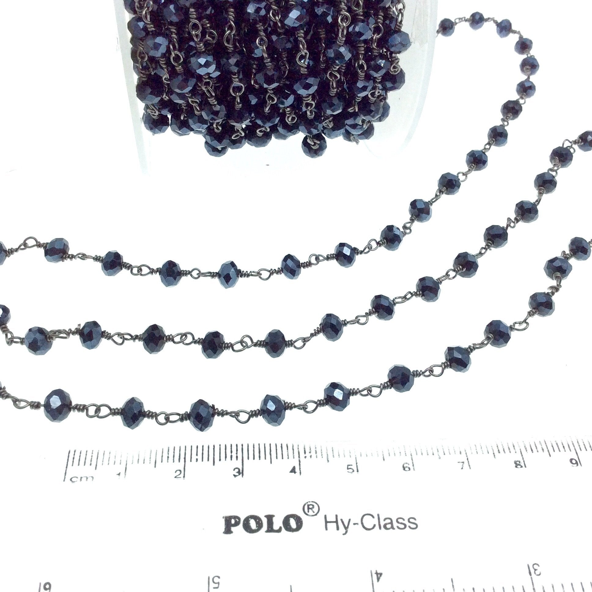 Gunmetal Plated Copper Rosary Chain with 6mm Faceted Opaque AB Metallic Jet Black Glass Crystal Beads - Sold by the Foot! - Beaded Chain