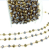 Gold Plated Copper Rosary Chain with 6mm Faceted Opaque AB Metallic Silver/Gold Glass Crystal Beads - Sold by the Foot! - Beaded Chain