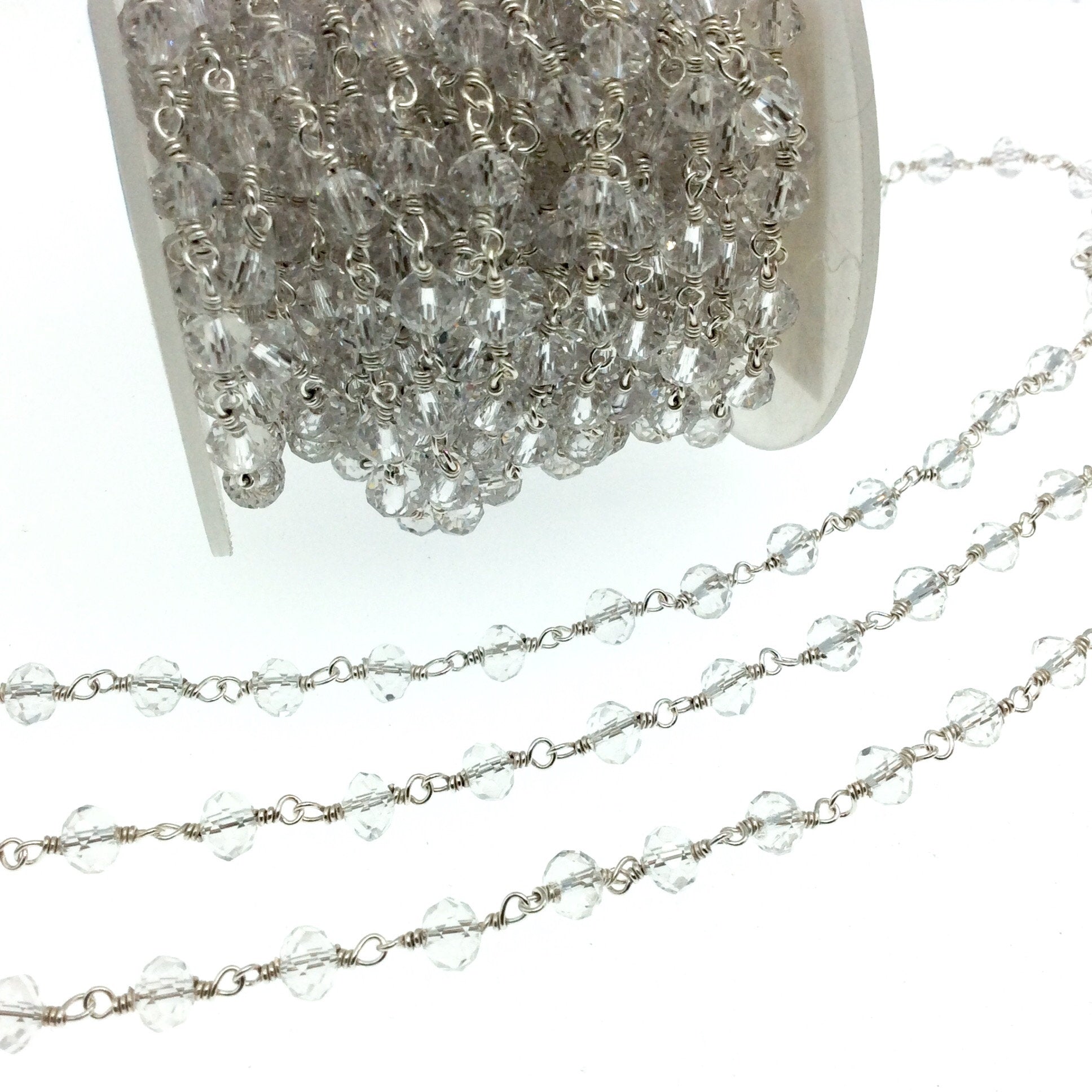 Silver Plated Copper Rosary Chain with 6mm Faceted Transparent Clear Glass Crystal Beads - Sold by the Foot! - Beaded Chain