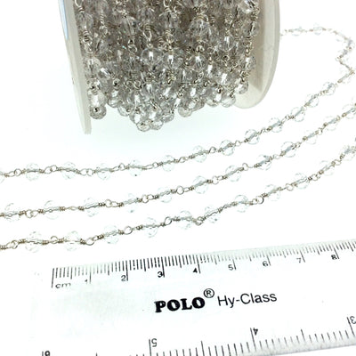 Silver Plated Copper Rosary Chain with 6mm Faceted Transparent Clear Glass Crystal Beads - Sold by the Foot! - Beaded Chain