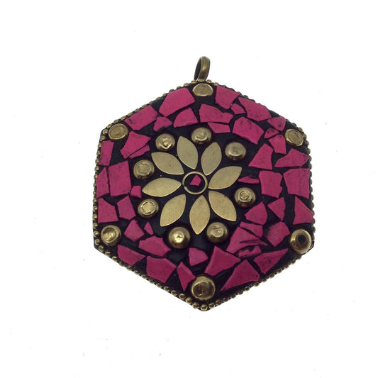 OOAK 2" Black/Pink Natural Stone and Resin Rustic Mosaic Hexagon Shape Gold Plated Pendant W Brass Insets  ~ 55mm x 55mm.
