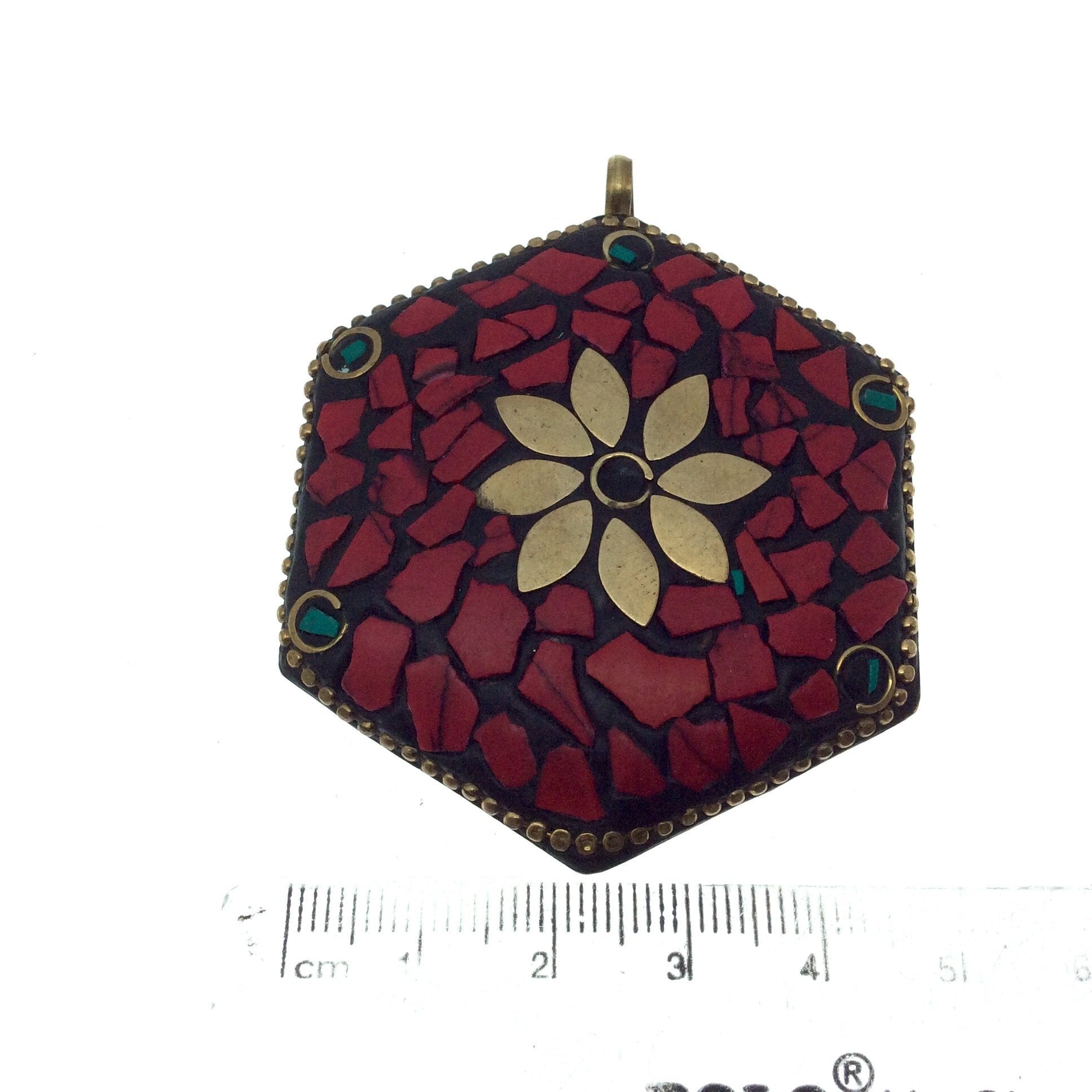 OOAK 2" Black/Red/Green Natural Stone and Resin Rustic Mosaic Hexagon Shape Gold Plated Pendant W Brass Insets  ~ 55mm x 55mm.