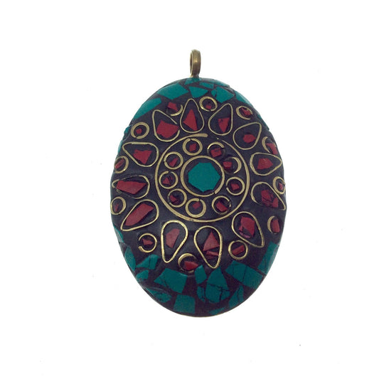 OOAK 2" Red/Black/Green Natural Stone and Resin Rustic Mosaic Oval/Oblong Shape Gold Plated Pendant W Brass Insets  ~ 40mm x 60mm.