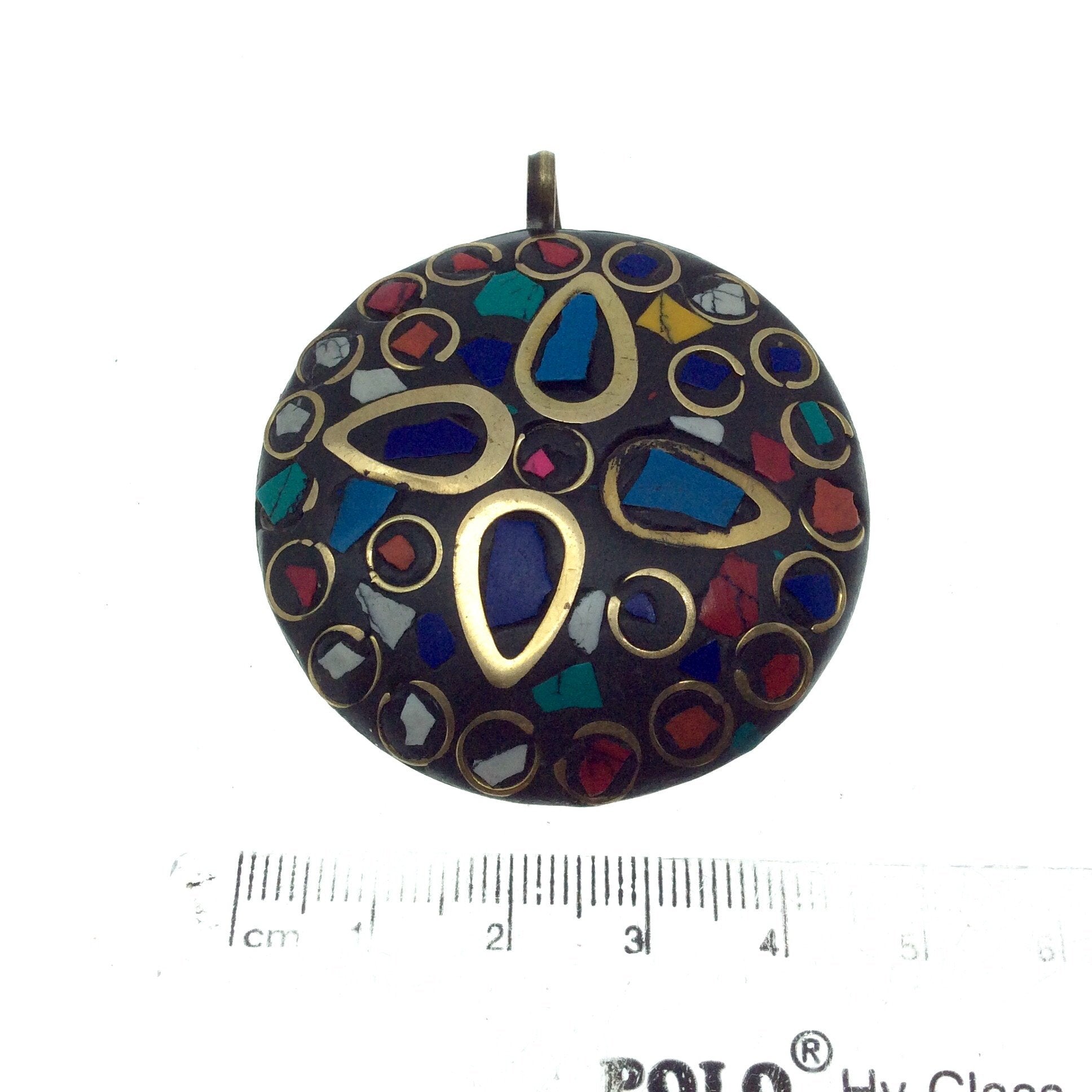 OOAK 2" Multicolor/Black Natural Stone and Resin Rustic Mosaic Round/Disc Shape Gold Plated Pendant W Brass Insets  ~ 48mm x 48mm.