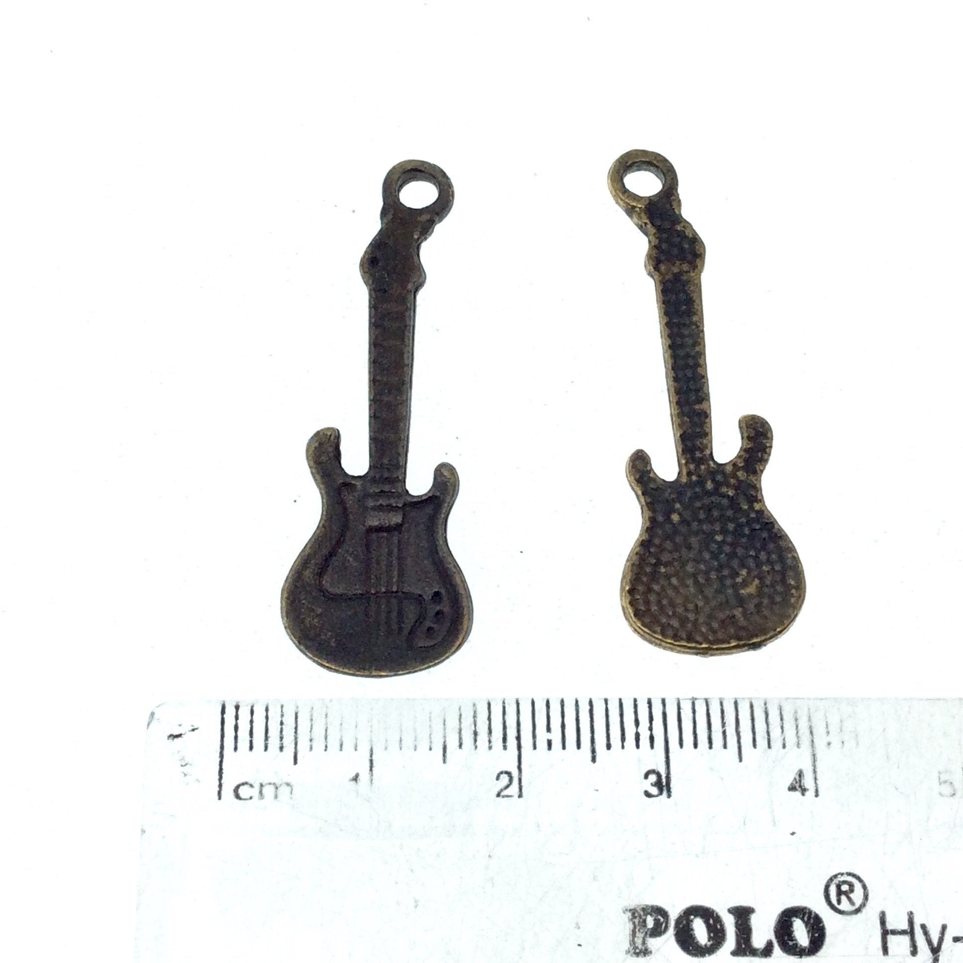 Antique Brass Plated Copper Guitar Pendant with One Ring- Measuring 13mm x 33mm - Sold Individually, Chosen at Random