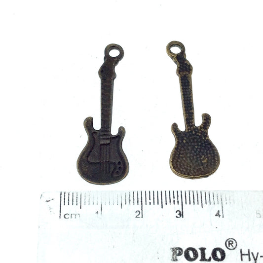 Antique Brass Plated Copper Guitar Pendant with One Ring- Measuring 13mm x 33mm - Sold Individually, Chosen at Random