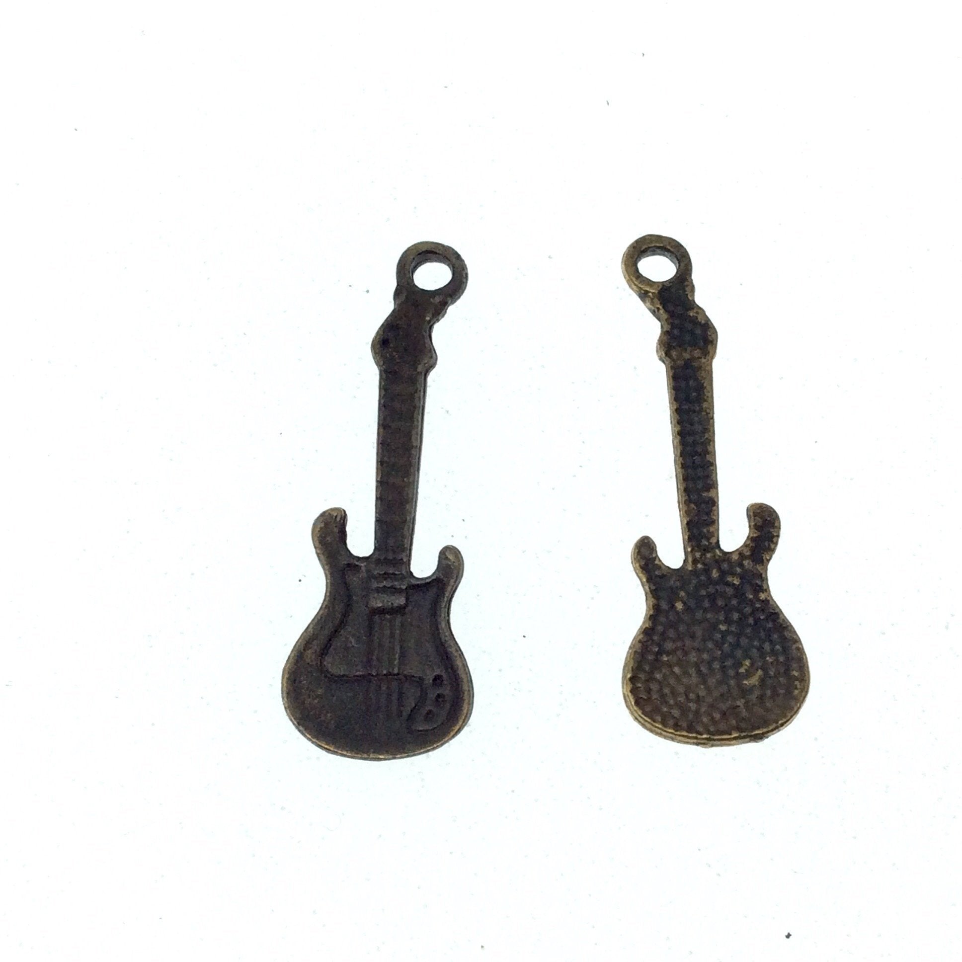 Antique Brass Plated Copper Guitar Pendant with One Ring- Measuring 13mm x 33mm - Sold Individually, Chosen at Random